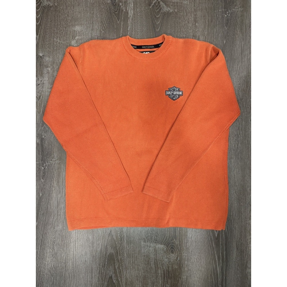 Vtg Harley Davidson Orange Knit Logo Sweater Pullover Long Sleeve Crewneck Large